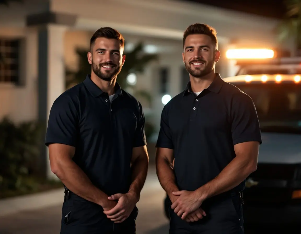 Two Hallandale Emergency Plumbing SFL technicians in dark polo shirts standing in front of a service vehicle at night