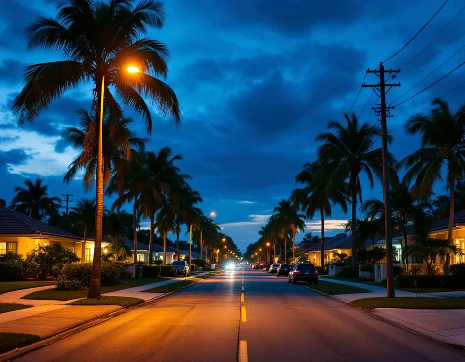 Single-story South Florida houses along a palm-lined residential block