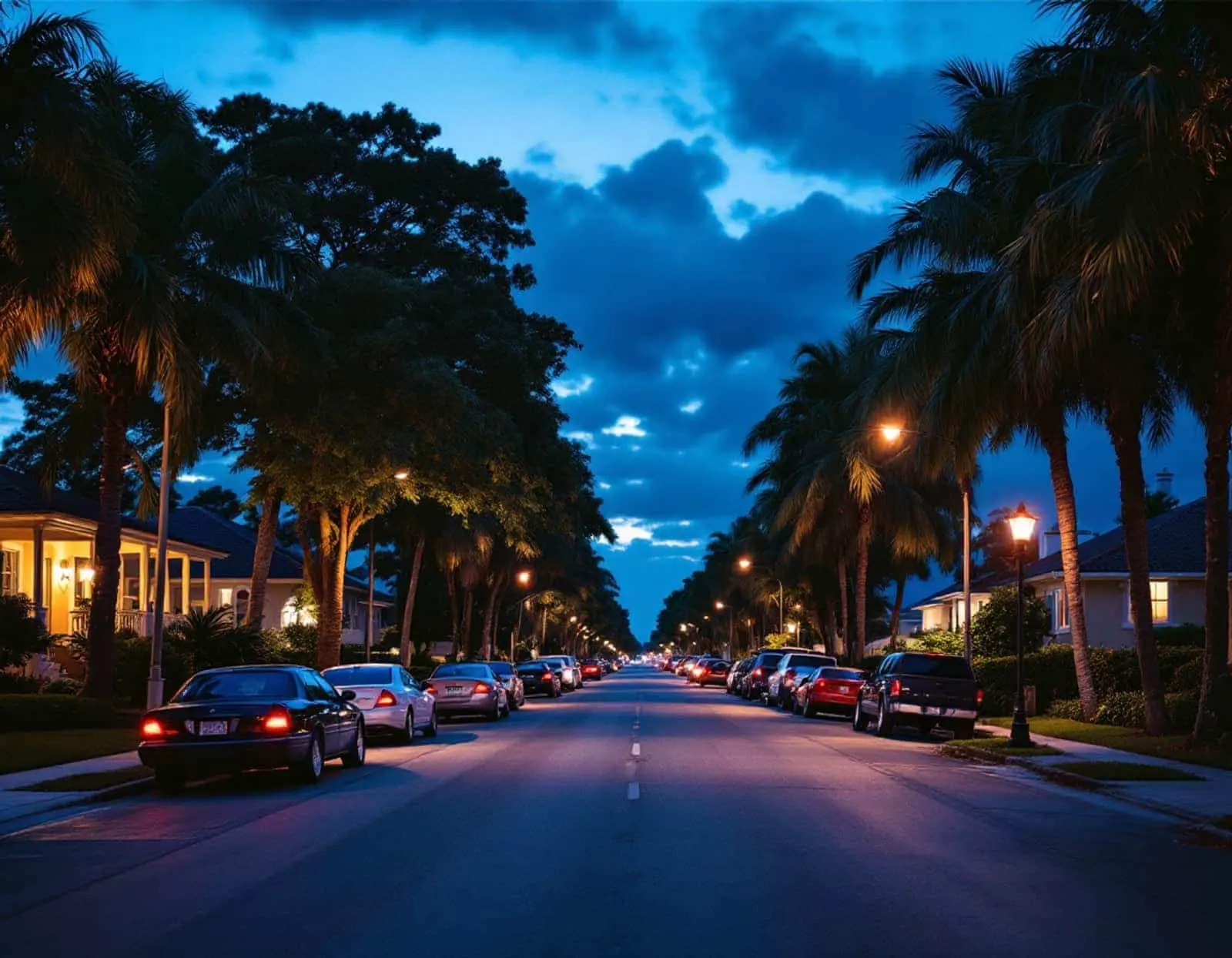 A South Florida residential street of single-story homes beside a quiet canal