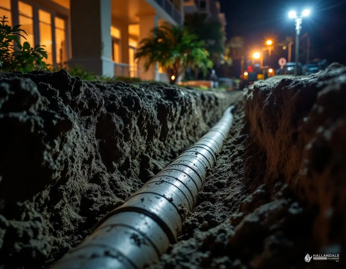 A section of cast iron sewer pipe exposed in a nighttime trench outside a condo tower, staged for replacement
