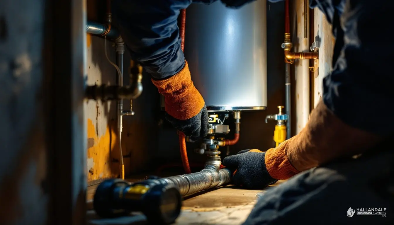 A plumber’s gloved hands leveling a new water heater tank in a garage utility closet at night, work light glowing on the fittings