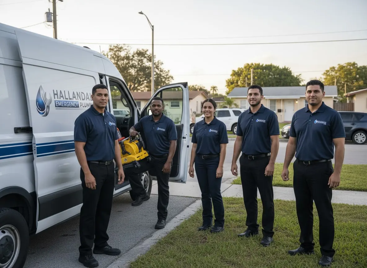 Plumbing technicians beside a service van with its door open, holding a drain cleaning machine, on a residential street at dusk