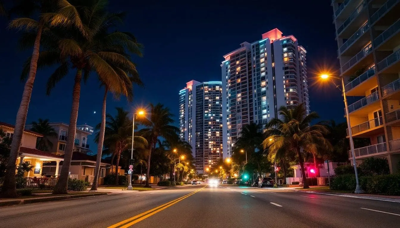 Hallandale Beach condo towers and beachside high-rises at night, seen from a palm-lined street