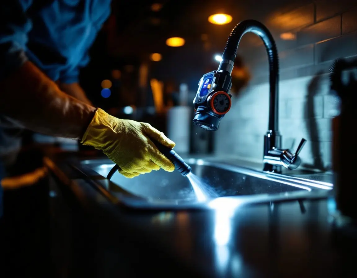 A gloved hand guiding a handheld drain-jetting nozzle over a stainless kitchen sink at night, with a chrome faucet in the background