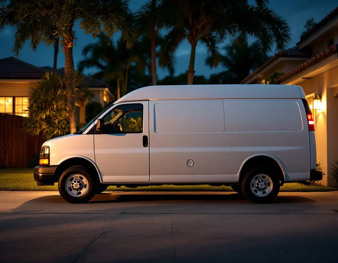 An unmarked white service van parked in a residential driveway at night, palm trees and tile roofs in the background