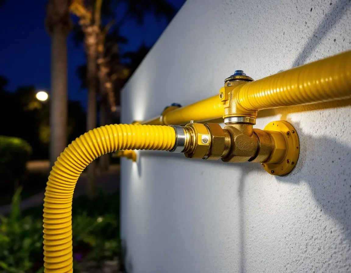 A yellow CSST gas line and brass shutoff fitting mounted to an exterior wall at night, palm trees in the background