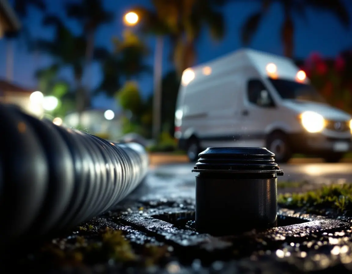 A jetting hose fed into an open cleanout in a driveway at night, with a service van parked at the curb behind it