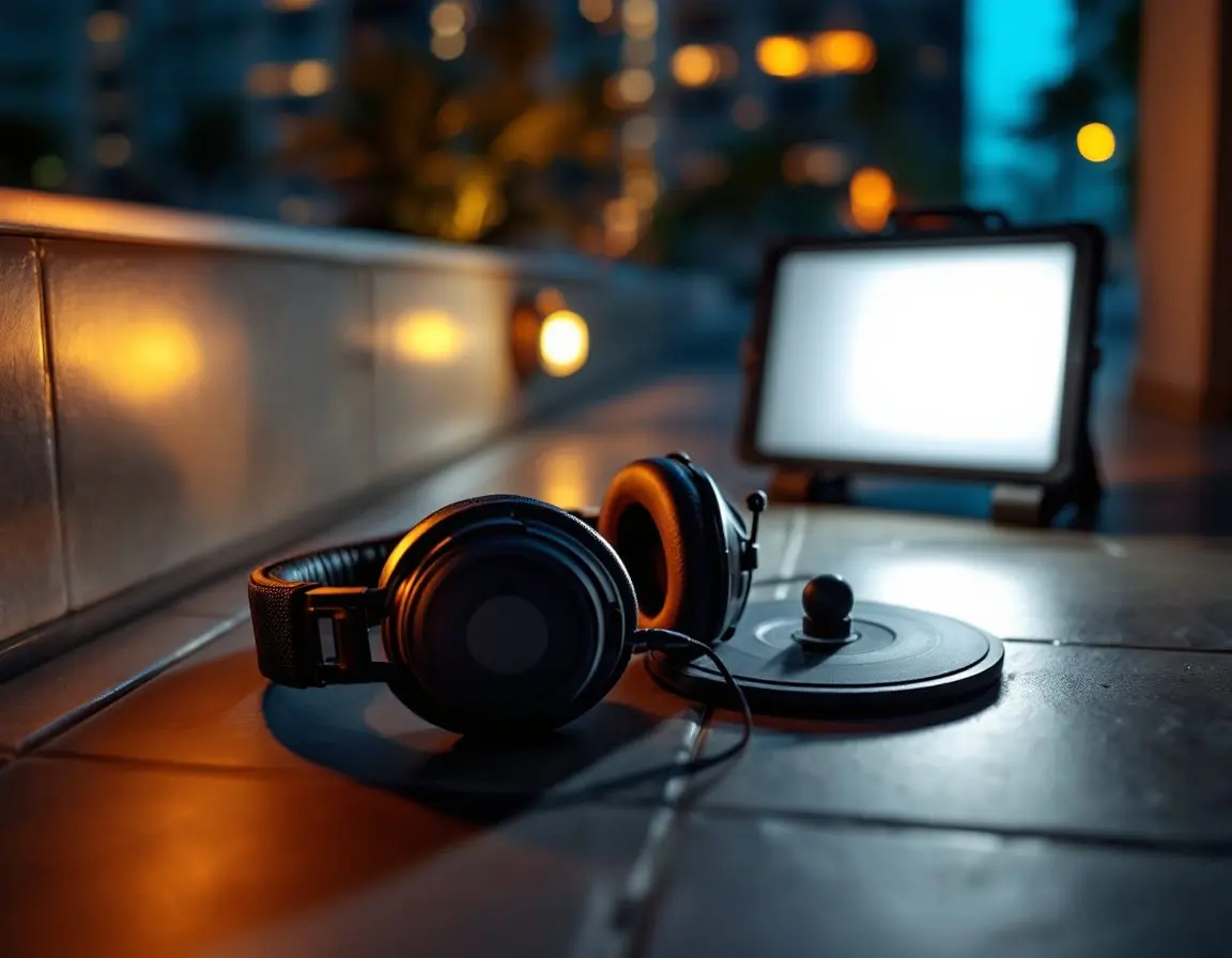 Acoustic leak-detection headphones and a listening disc set on a tiled outdoor surface at night, with a portable work light in the background