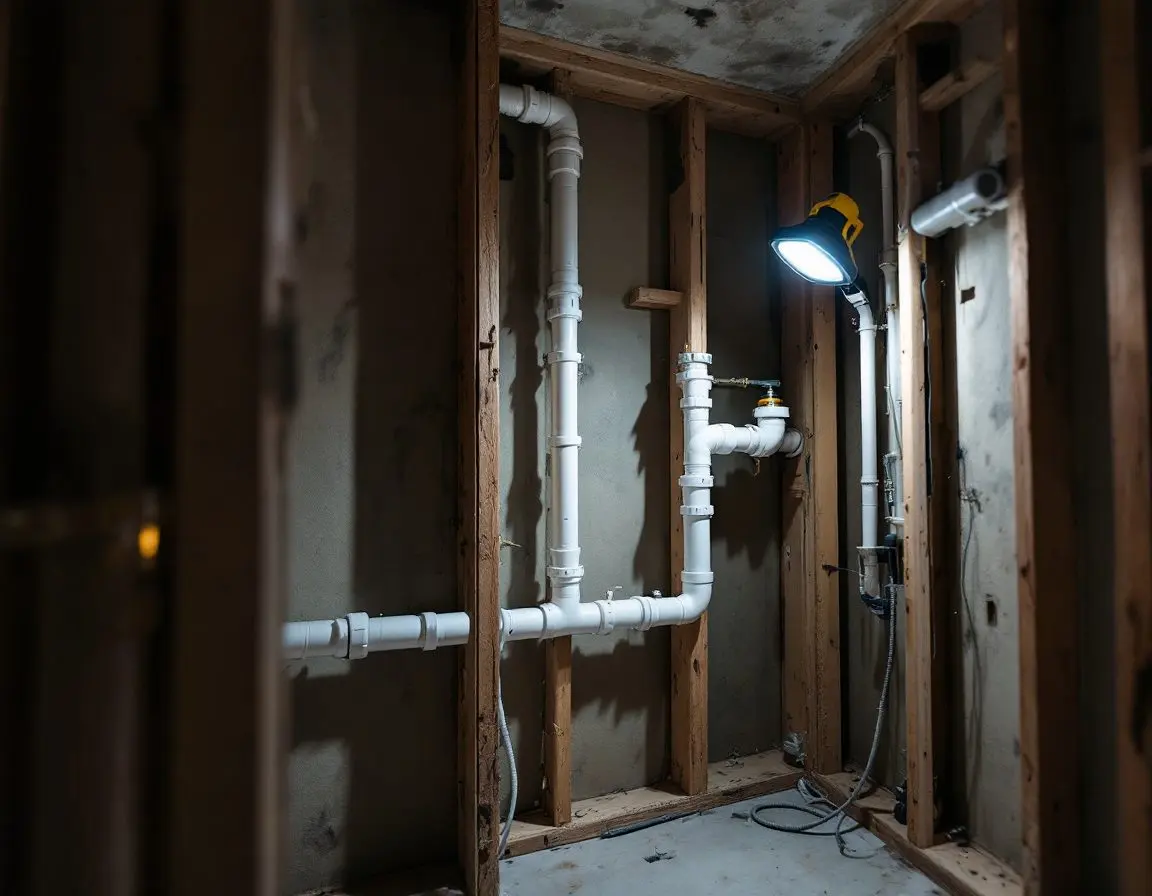 Newly run PVC piping and a shutoff valve inside an open wall stud bay, lit by a clipped-on work light