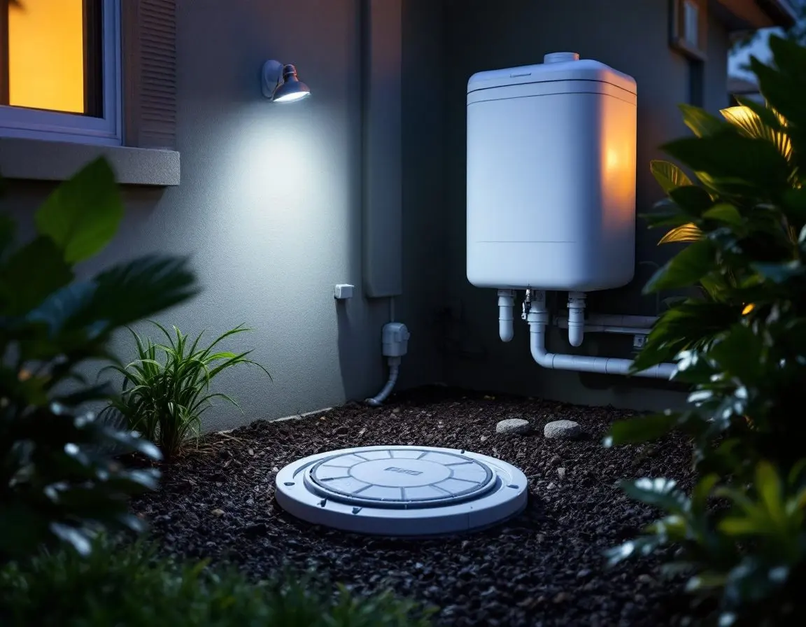 A round access lid set into a mulched landscaping bed beside an exterior equipment enclosure mounted on the house at night
