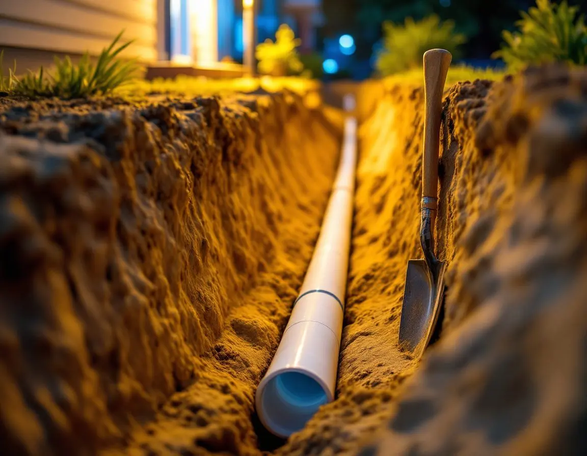 An open trench beside a house at night with a section of new drain pipe laid in place and a shovel driven into the excavated soil