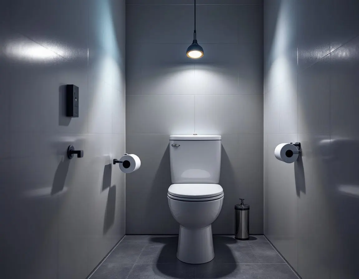 A toilet in a tiled bathroom lit by a single pendant light, with the shutoff hardware visible at its base