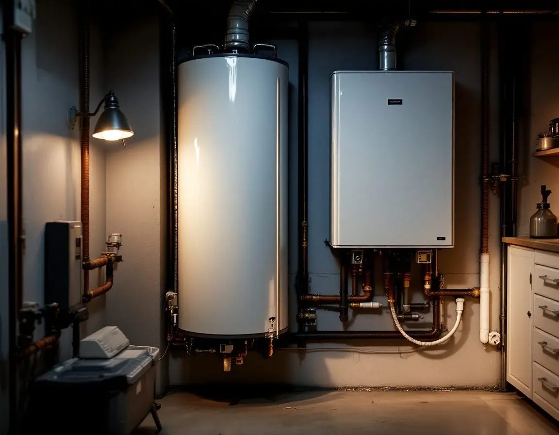 A tank-style water heater installed beside a tankless unit in a utility closet, connected with copper supply lines
